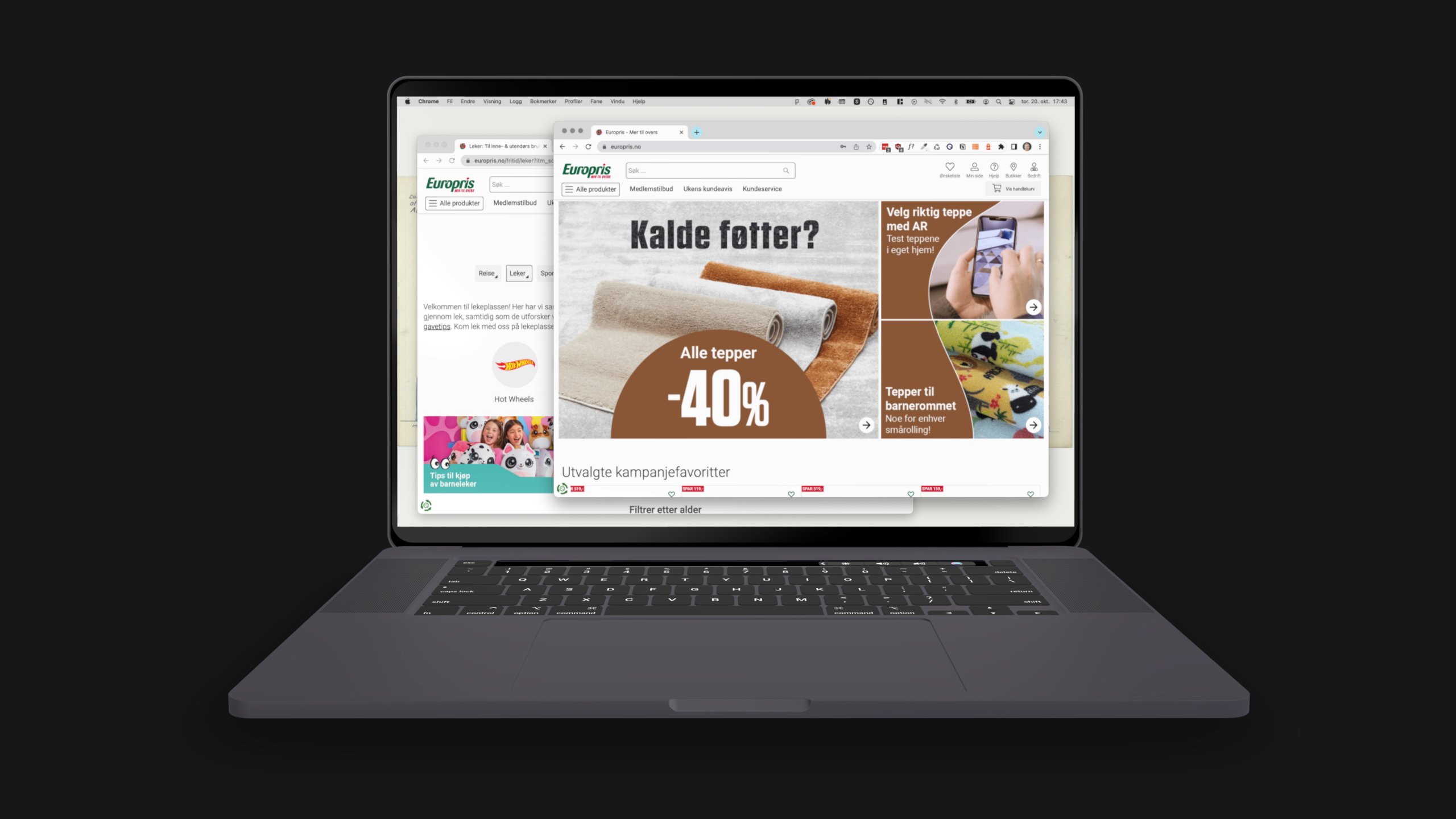 Europris.no sin forside, vist i nettleseren på en Macbook.