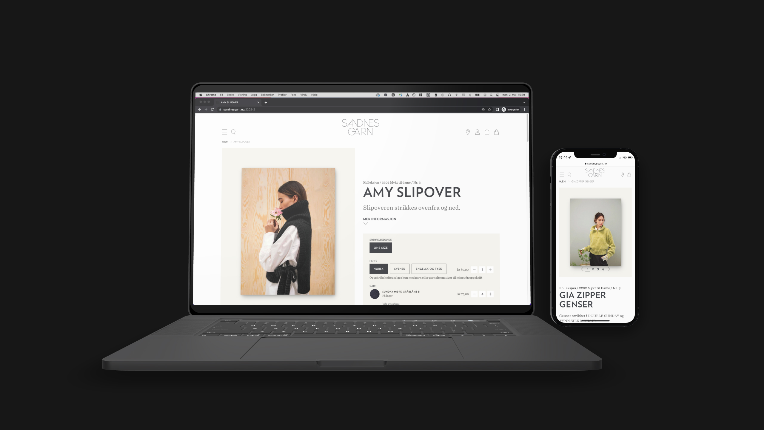 Produktsiden til sandnesgarn.no flekket opp på en Macbook og en iPhone.